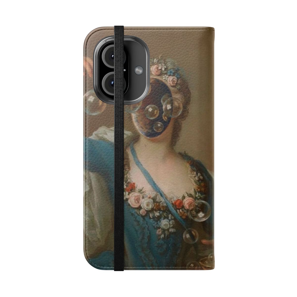 Surreal flip cover phone case featuring a surreal, low-brow style portrait image - Folded Front