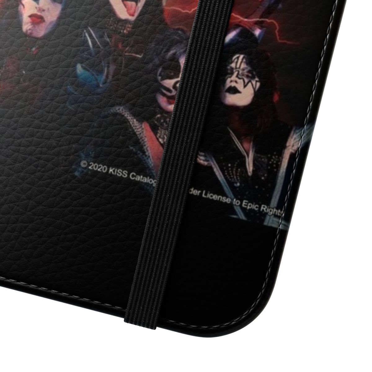 Retro-style Kiss band-inspired flip cover phone case featuring the iconic Kiss band members. - Close Up