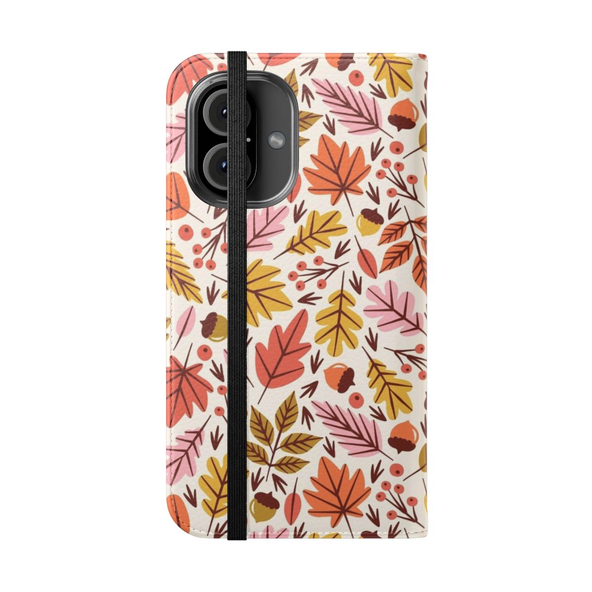 A phone case featuring a design of colorful autumn leaves and acorns against a pink and orange background. - Folded Front