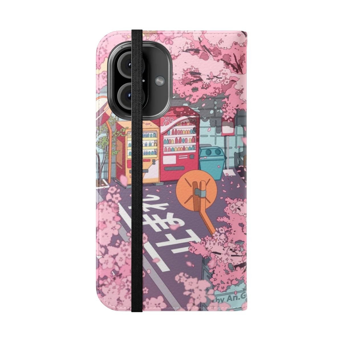 Flip cover phone case with a beautiful cherry blossom tree design on a Japanese street scene. - Folded Front