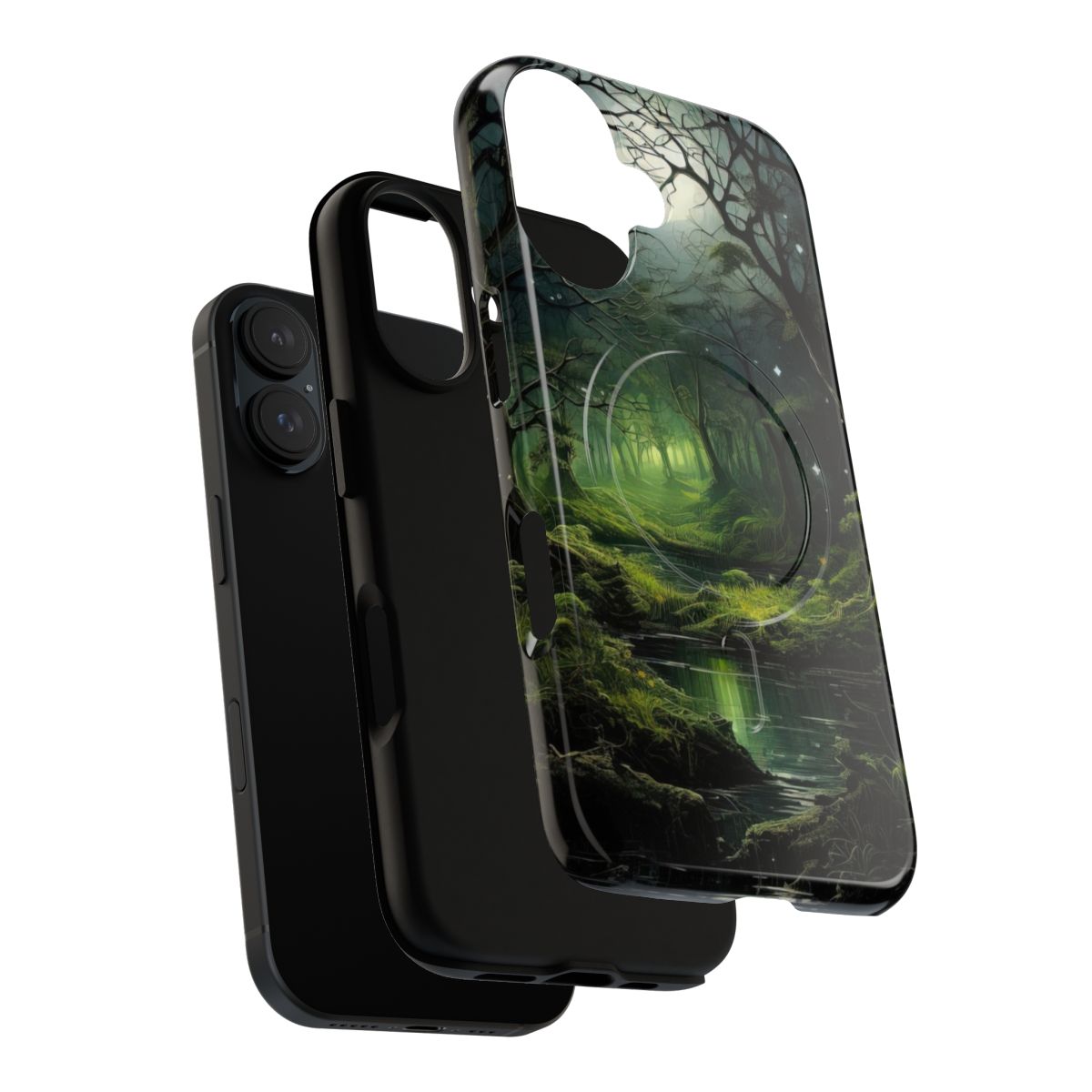 Artistic phone case featuring a magical fairy forest landscape with trees, lights, and a mystical atmosphere. - Layers