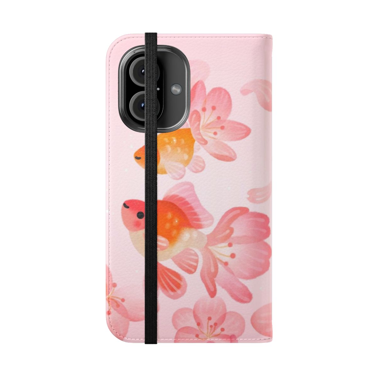 Vibrant cherry blossom and goldfish design on a flip cover phone case - Folded Front