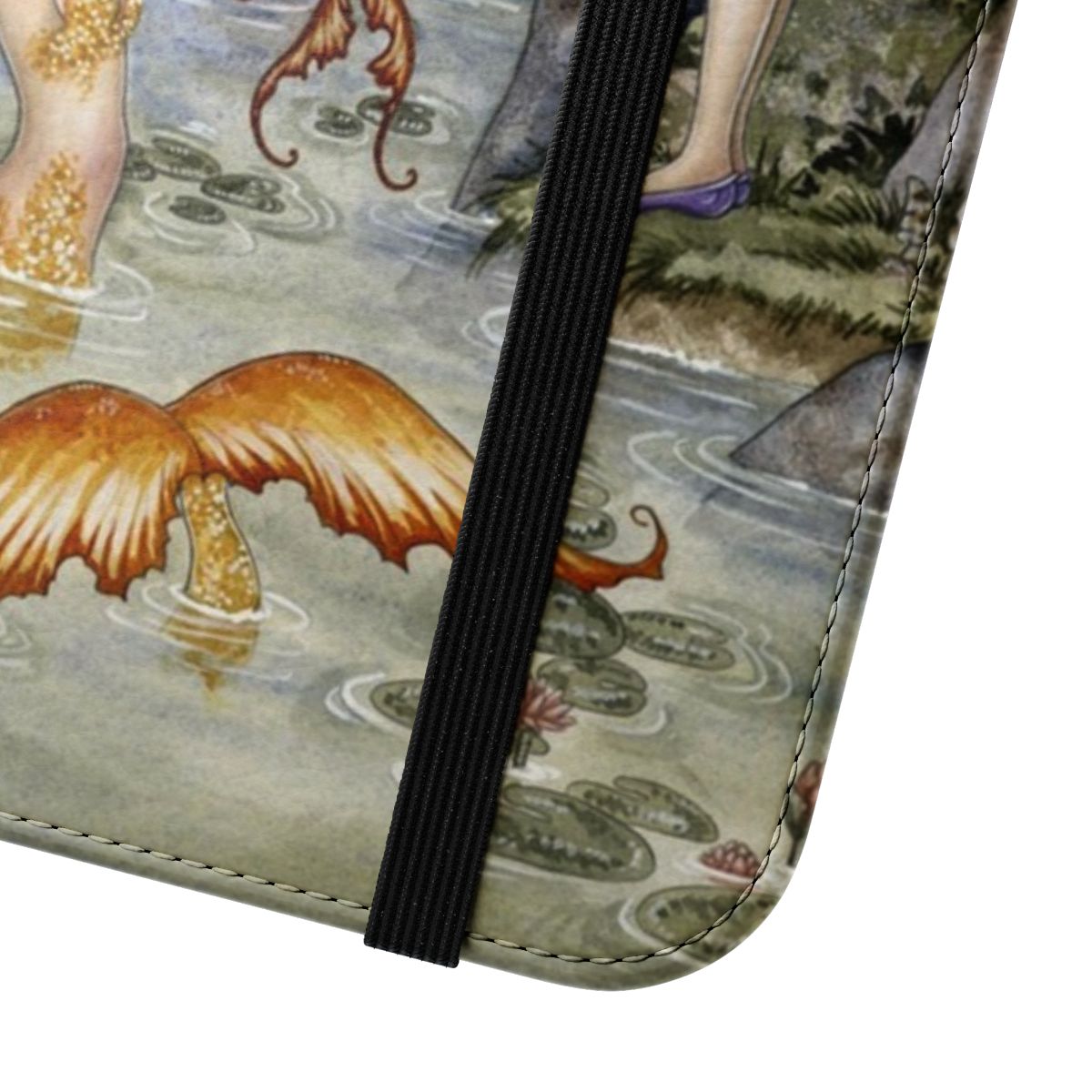 A whimsical phone case featuring a mermaid, goldfish, and underwater fantasy art design. - Close Up