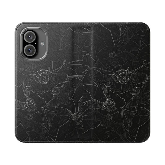 A black phone case with a detailed, lifelike bat design on the cover.