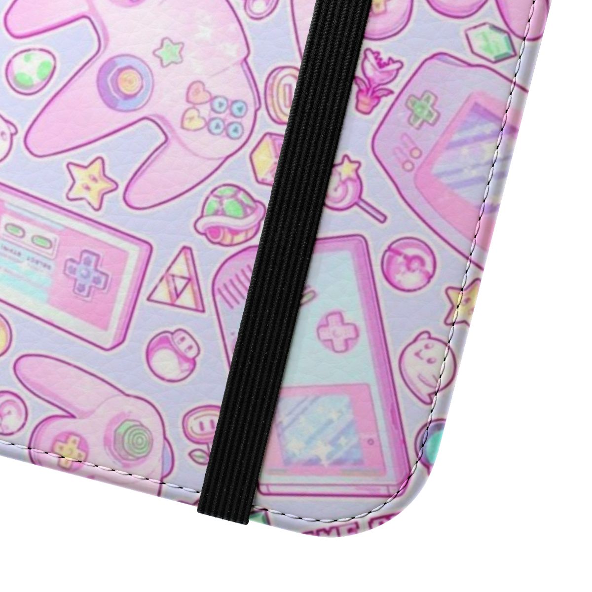 Pastel-colored flip phone case with retro gaming and kawaii design - Close Up