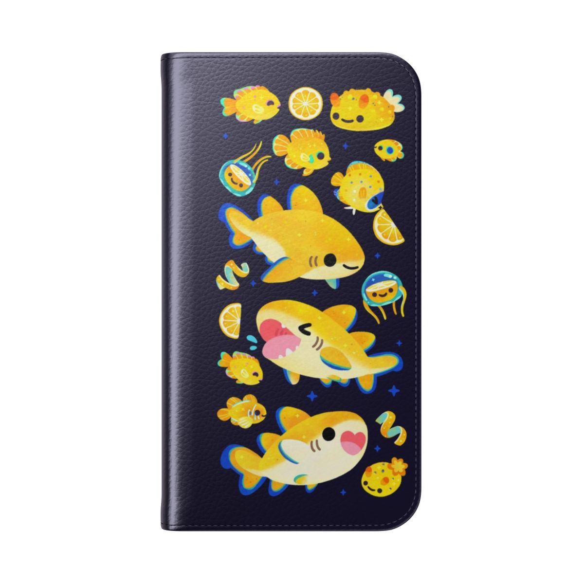 Lemon shark and friends design on a dark-colored phone case - Folded Back