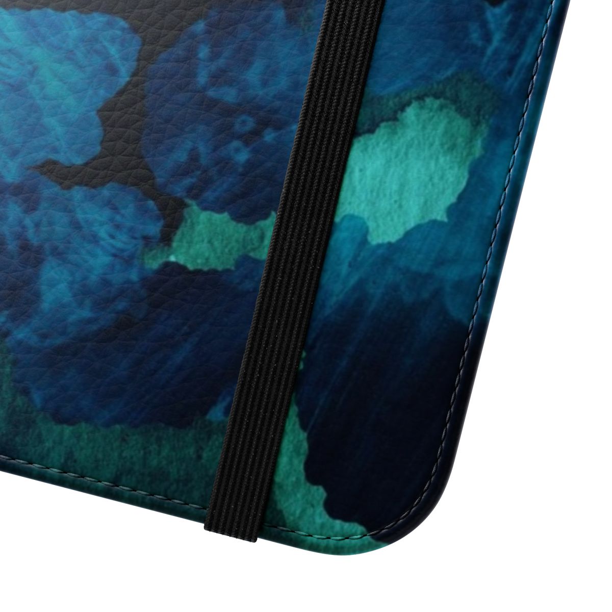 Midnight water flip cover phone case featuring a serene nature landscape design with mountains, trees, and a night sky reflection. - Close Up