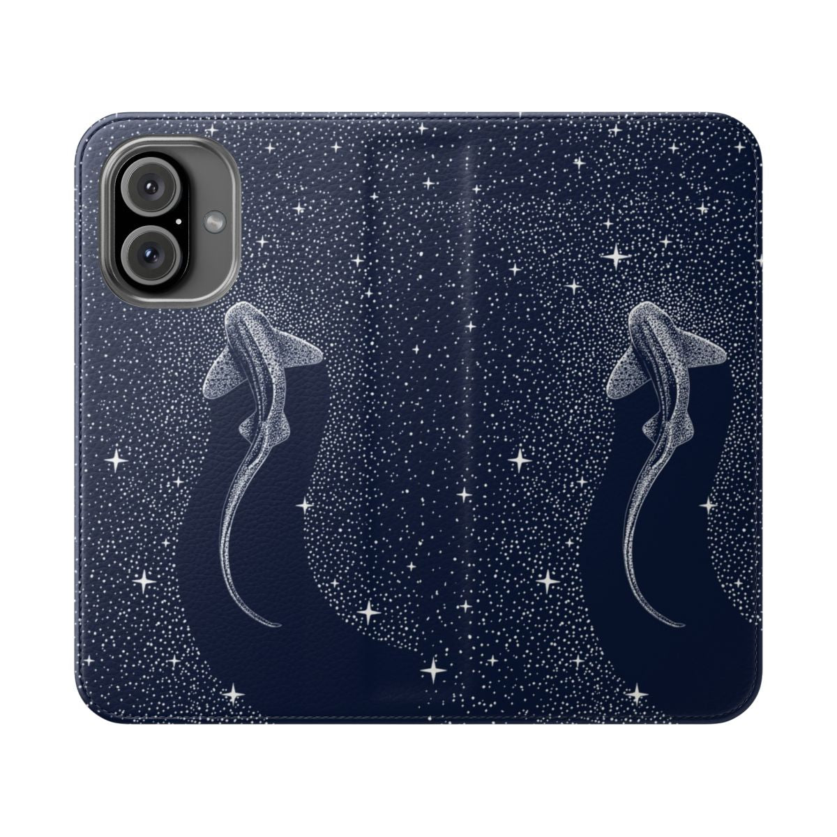 Vibrant flip cover phone case featuring a leopard shark swimming in a cosmic dreamscape