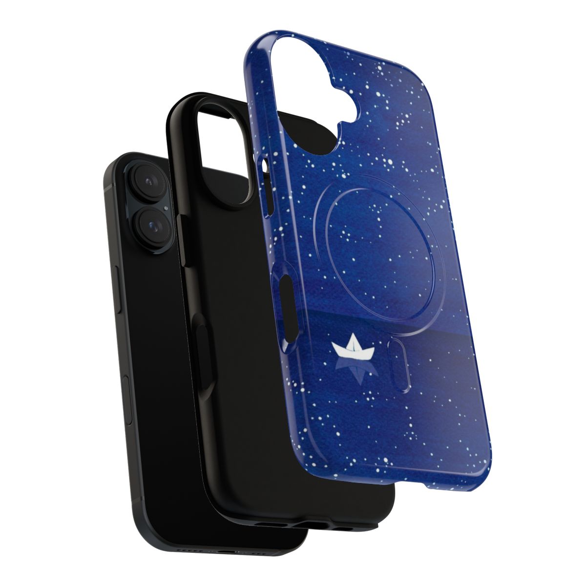 A zen-inspired phone case featuring a watercolor design of a sailboat on the ocean with stars in the sky. - Layers