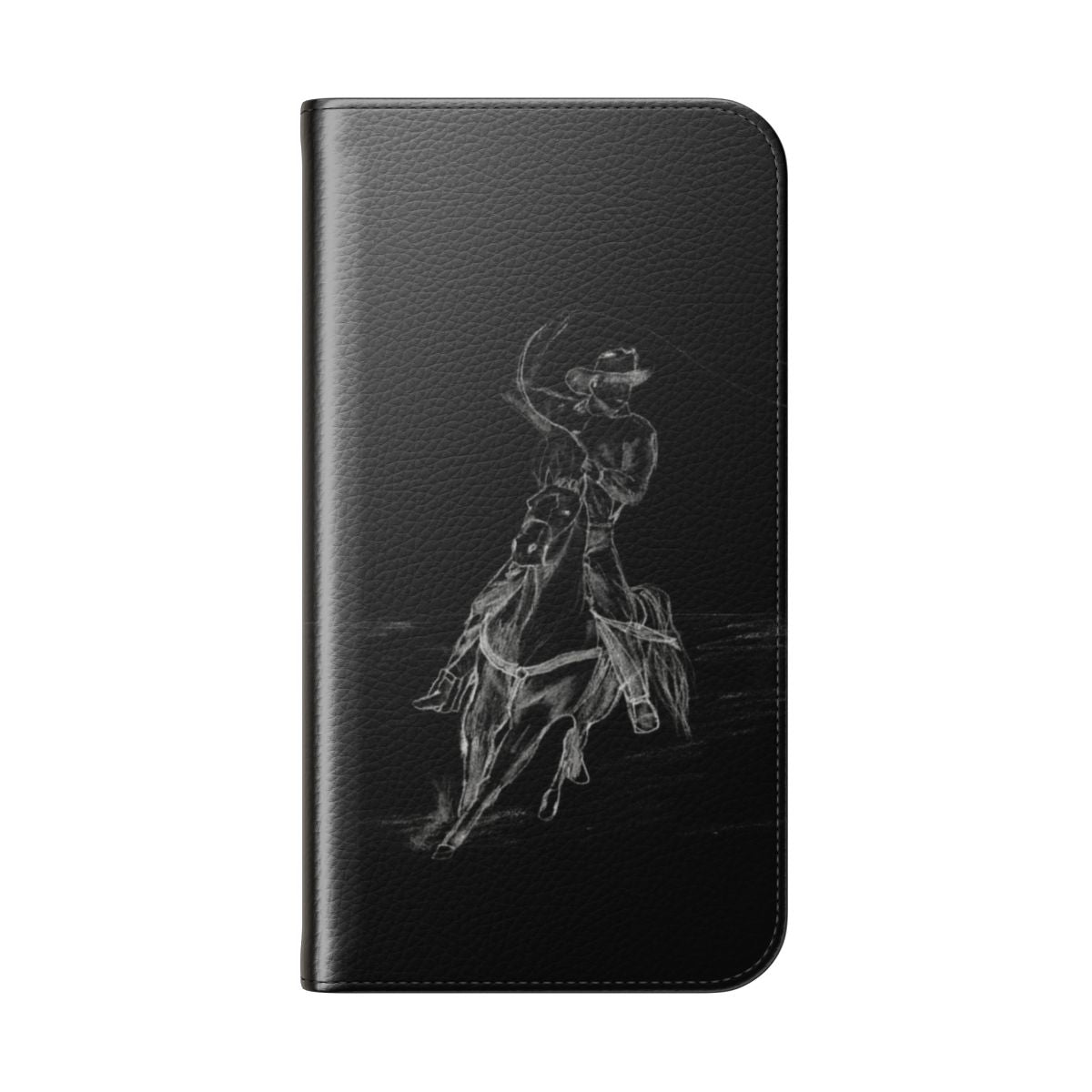 A flip phone case featuring a pencil drawing of a cowboy roping a horse. - Folded Back