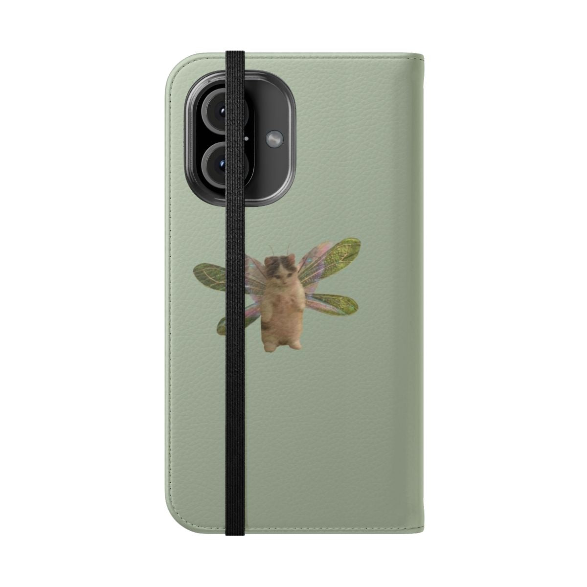 Whimsical phone case featuring a fairy cat with wings in a cottagecore-inspired design - Folded Front