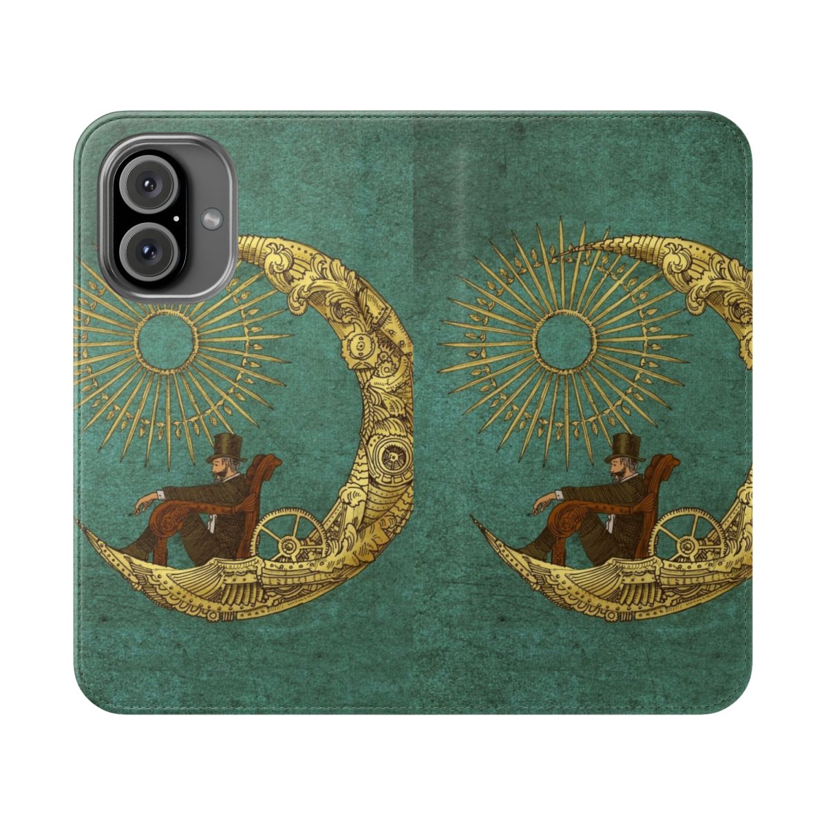 Whimsical digital illustration of a moon and steampunk-inspired flip phone case