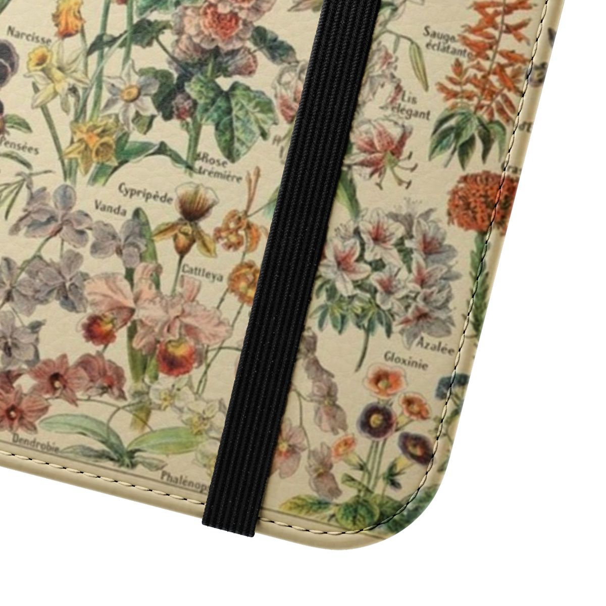 Vintage flower poster design on a phone case with botanical leaves and nature inspired florals. - Close Up