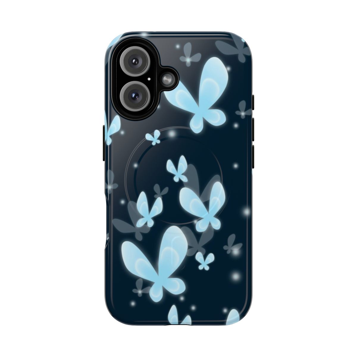 Closeup of a nature inspired phone case with a repeating pattern of delicate butterflies.