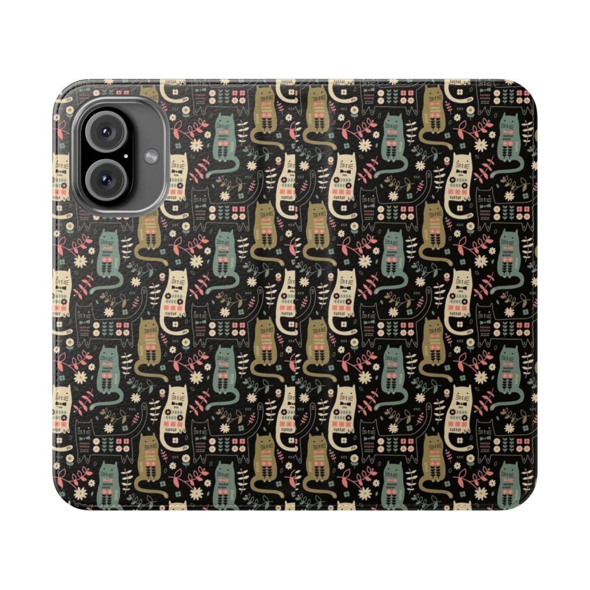 A charming phone case featuring a vintage-inspired cat and floral design.