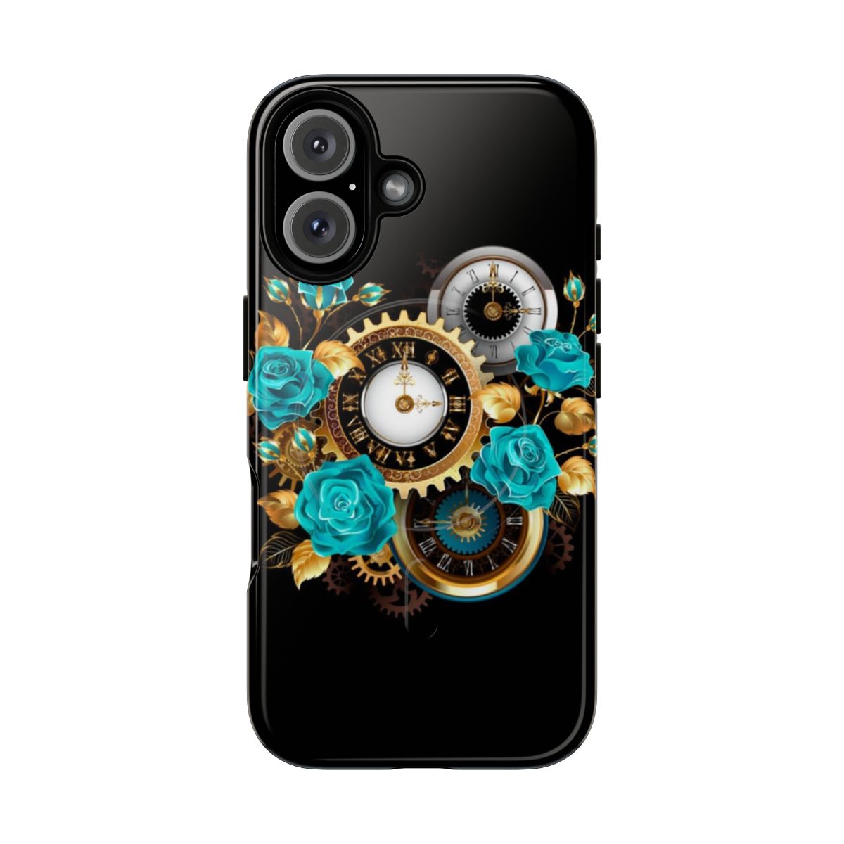 Vintage floral phone case with golden petals and turquoise roses, depicting a time travel theme.