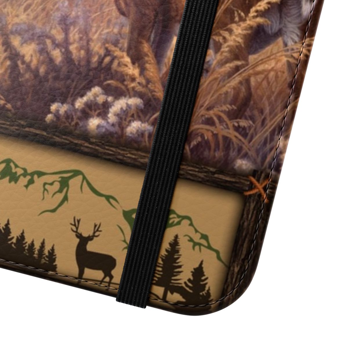 Deer hunting inspired camo quilt pattern flip phone case with buck head design - Close Up