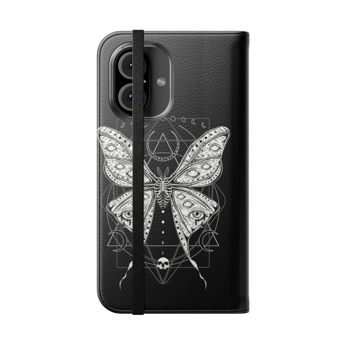 Artistic phone case featuring a detailed macabre luna moth design in a dark academia aesthetic. - Folded Front