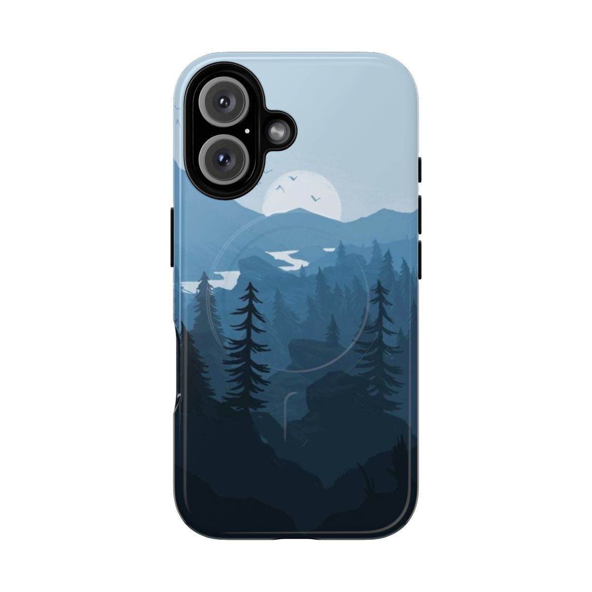 A digital art-inspired phone case featuring a scenic Firewatch-style landscape with a blue color palette and mountains in the background.