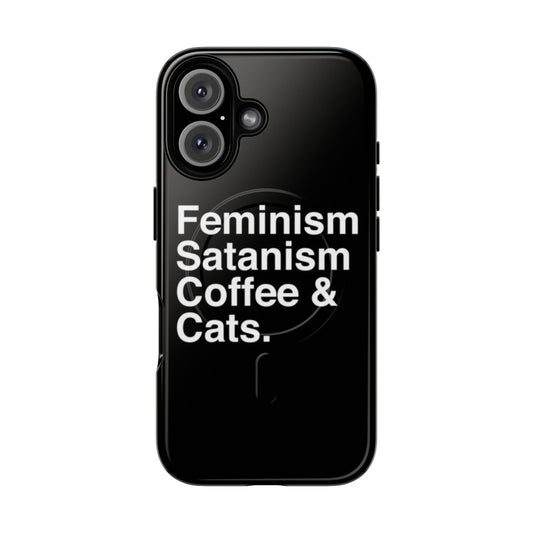 Magnetic phone case featuring feminism, satanism, coffee, and cat designs