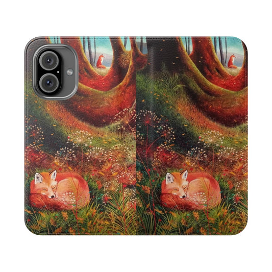 A vibrant, close-up photograph of a sleeping red fox in a natural woodland setting, perfect for a phone case.