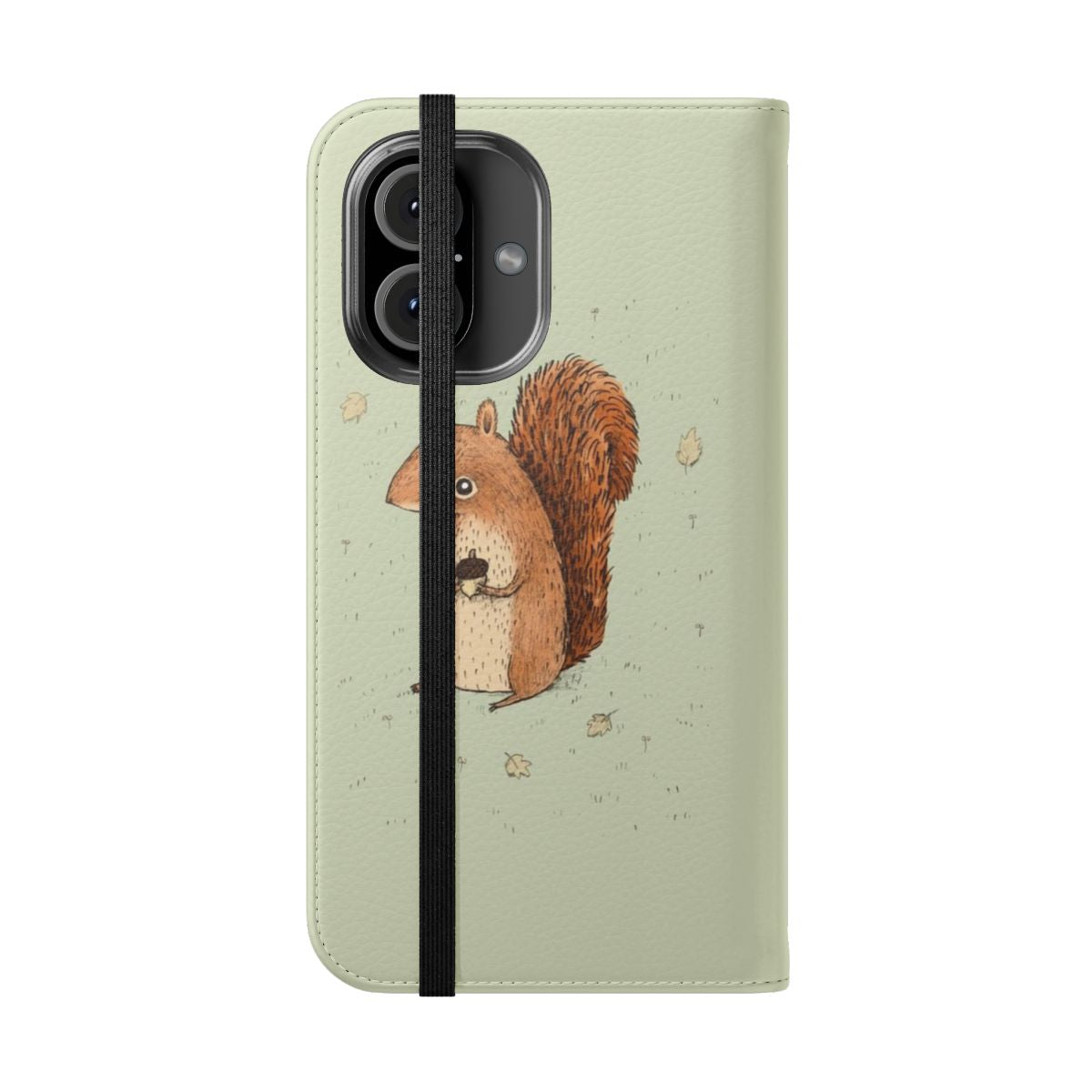 A red squirrel sitting on a leaf-covered branch, perfect for a nature-themed phone case - Folded Front