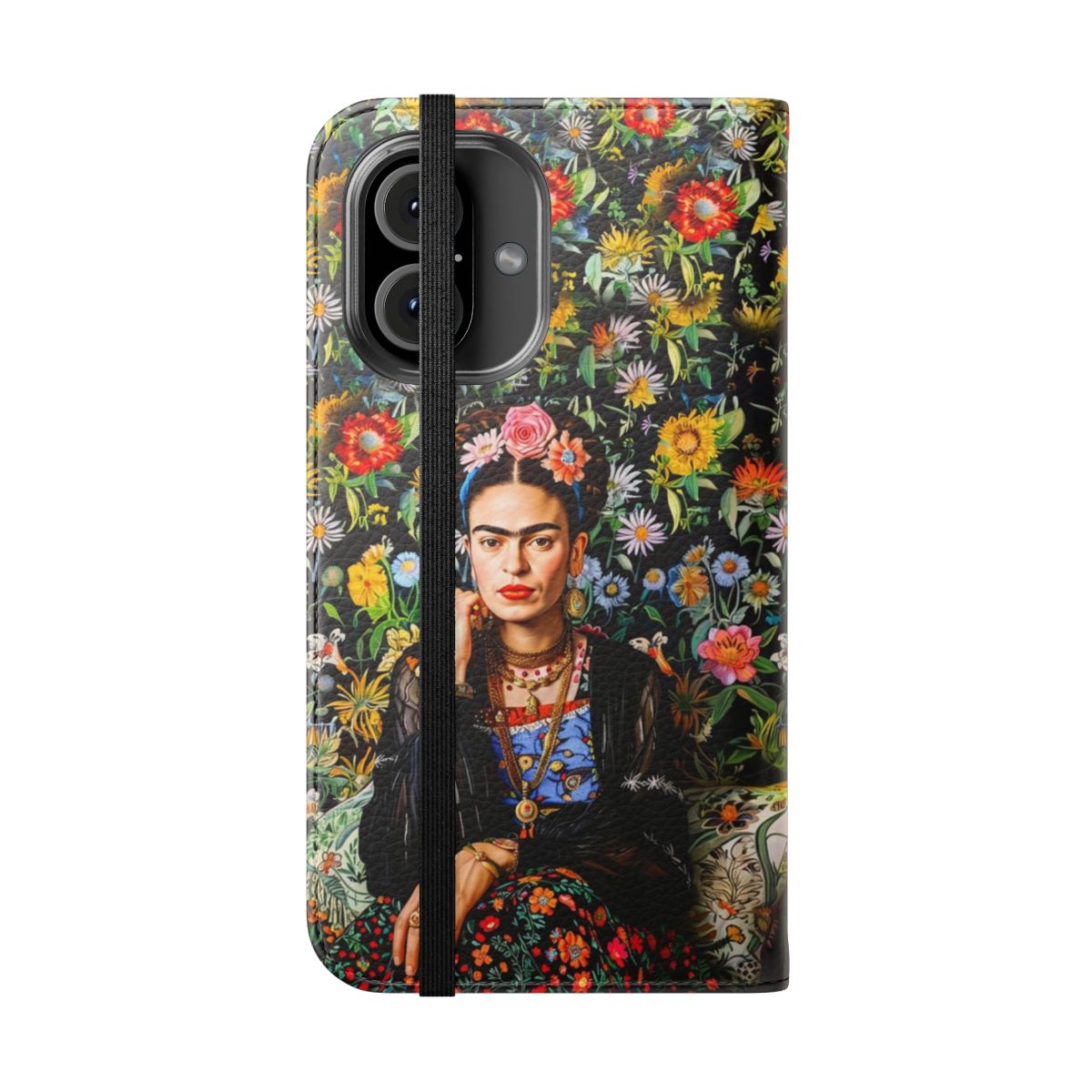 Frida Kahlo inspired phone case with colorful floral design - Folded Front