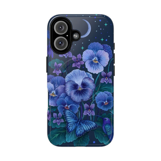 Violet floral phone case with hummingbird, crescent moon, and starry night design