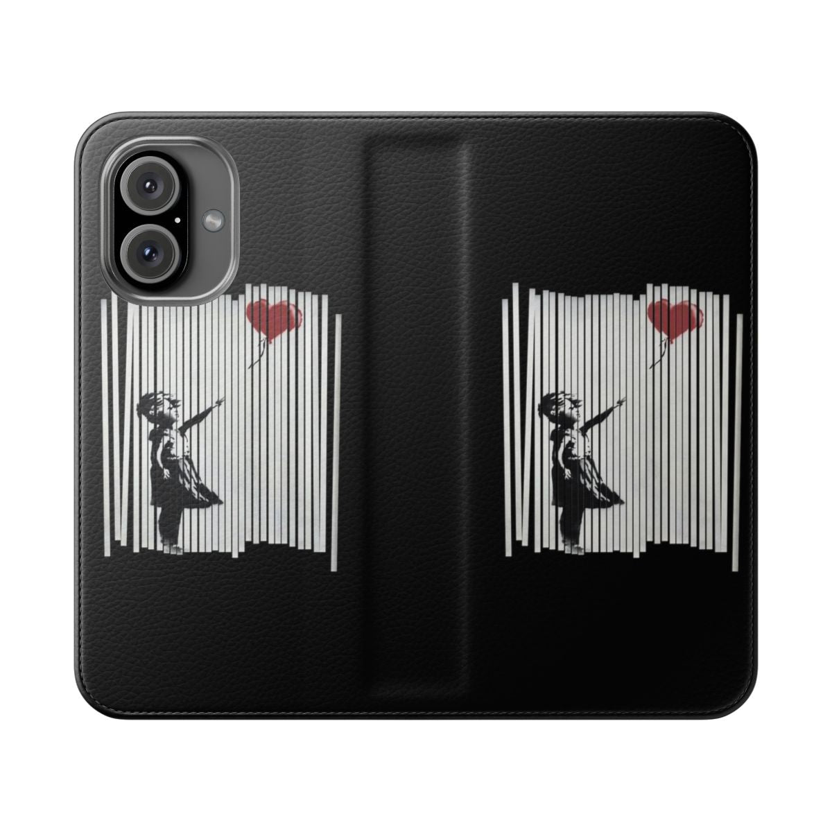 Image of a flip phone case featuring Banksy's shredded balloon girl artwork.