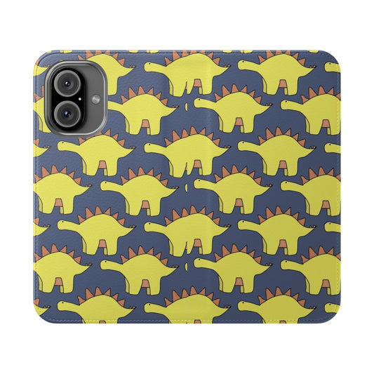 Closeup of a vibrant dinosaur pattern flip cover phone case