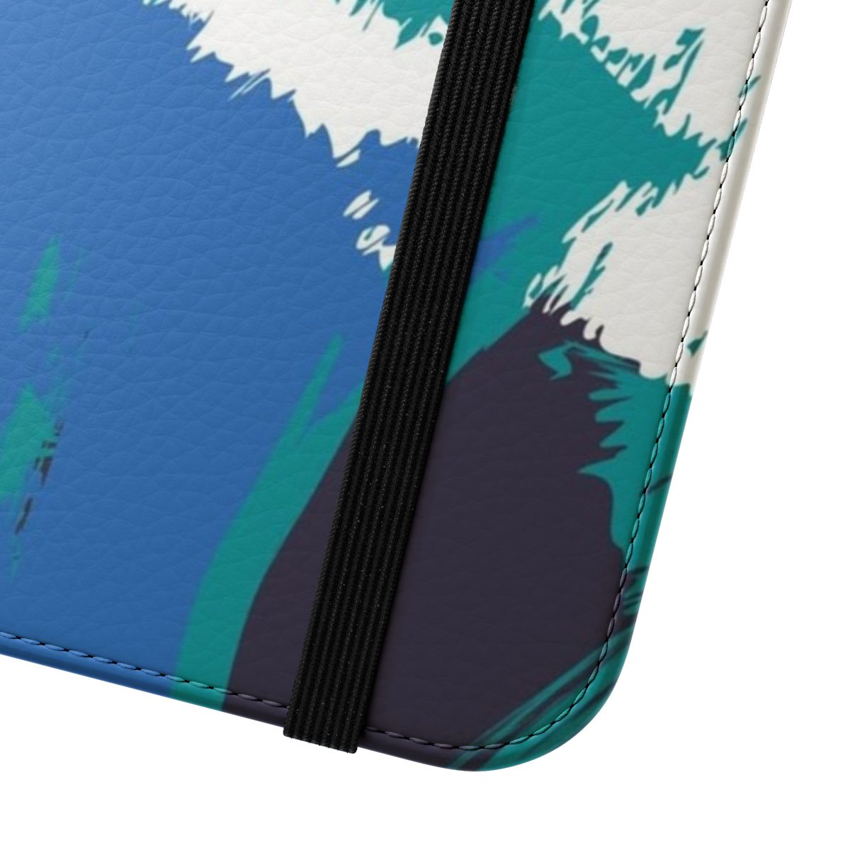 A vibrant, patterned flip cover phone case with an abstract sea spray design in 1980s inspired colors. - Close Up