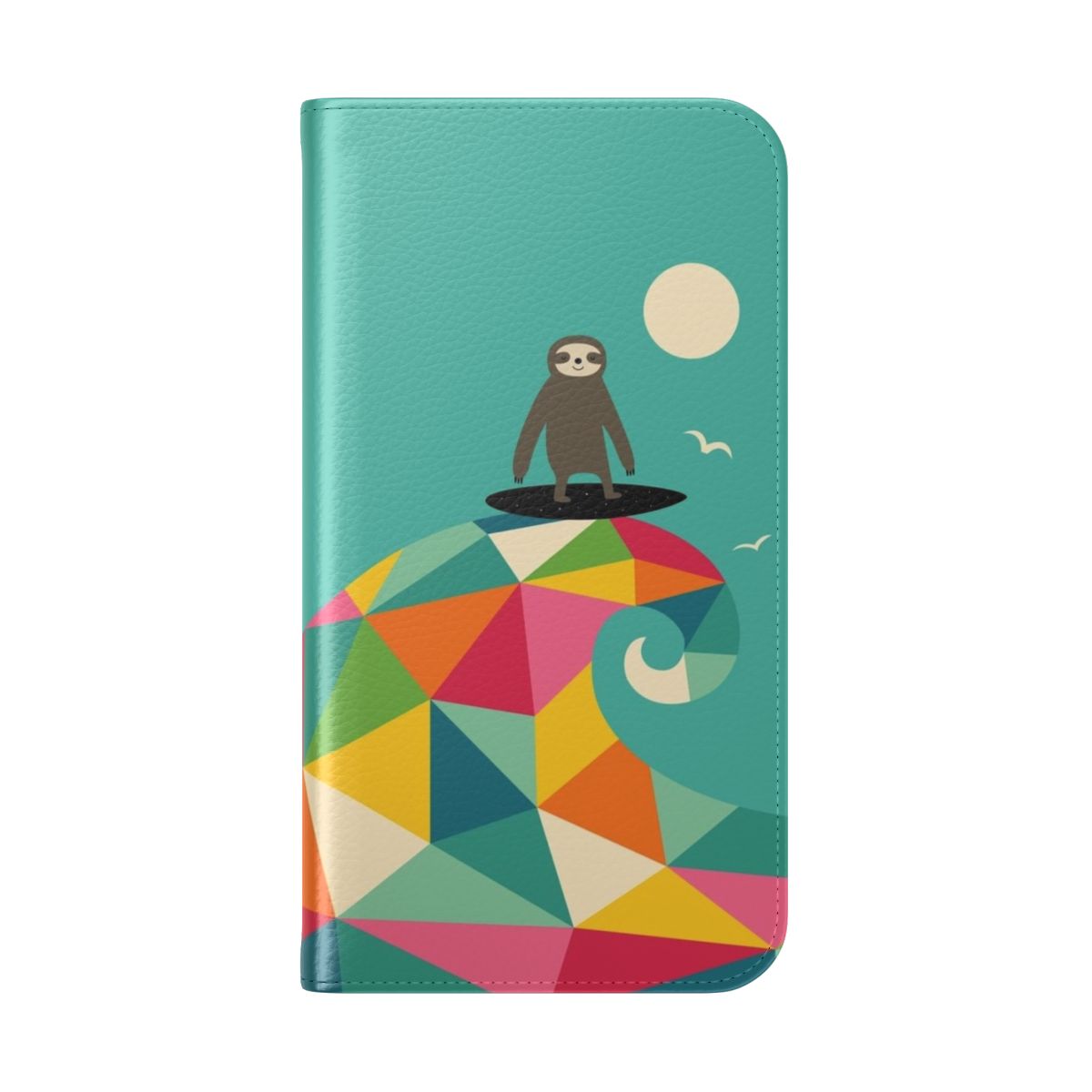 Colorful geometric phone case design featuring a sloth surfing a wave - Folded Back