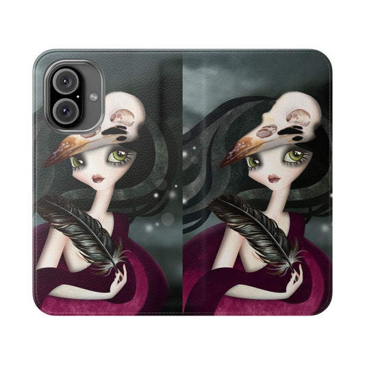 A gothic-themed flip phone case with an enchantress, raven, and skull design