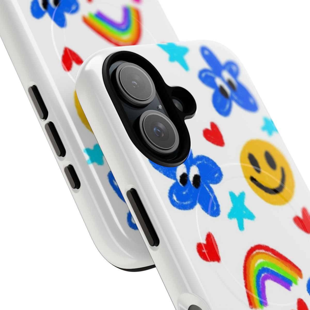 Vibrant doodle-inspired phone case with rainbow, hearts, and smiley face designs - Detail