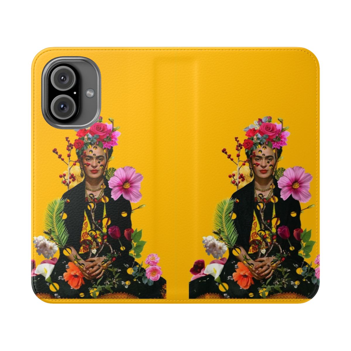 Artistic flip cover phone case featuring Frida Kahlo-inspired collage art.