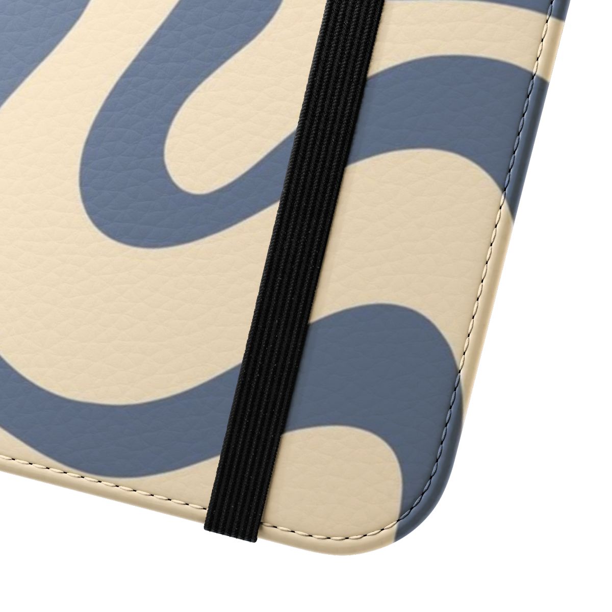 Flip phone case with a retro abstract swirling pattern in shades of blue and cream - Close Up