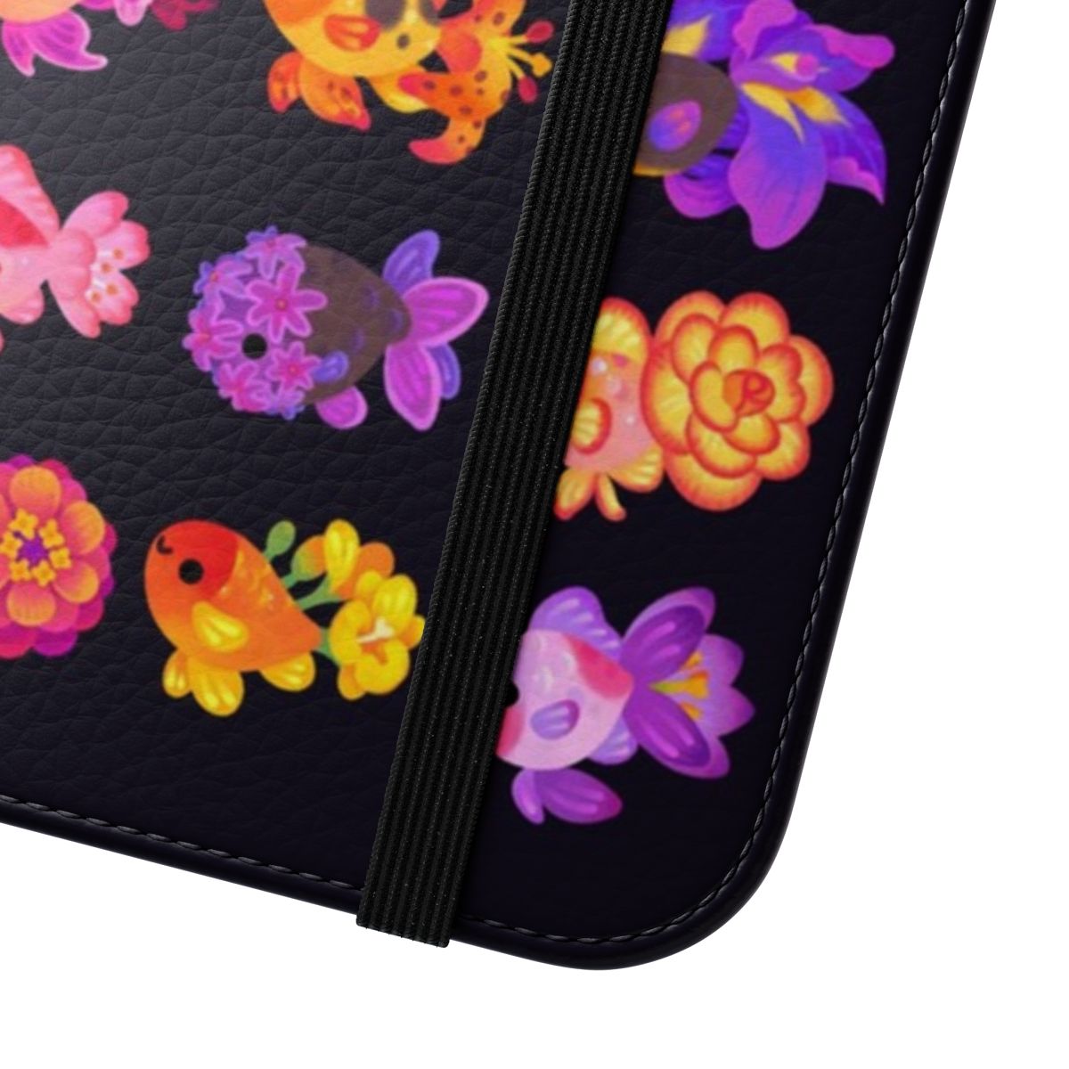 A stylish phone case featuring a vibrant floral and goldfish design. - Close Up