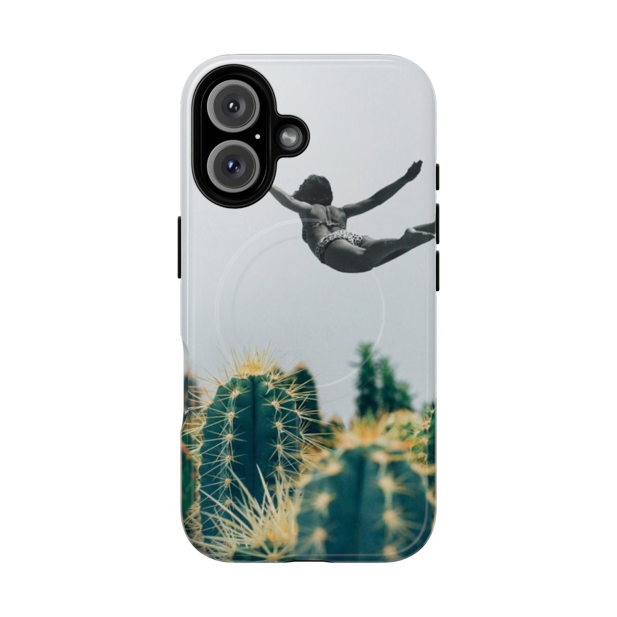 Surreal phone case featuring a collage of cacti, flowers, and vintage-inspired elements.