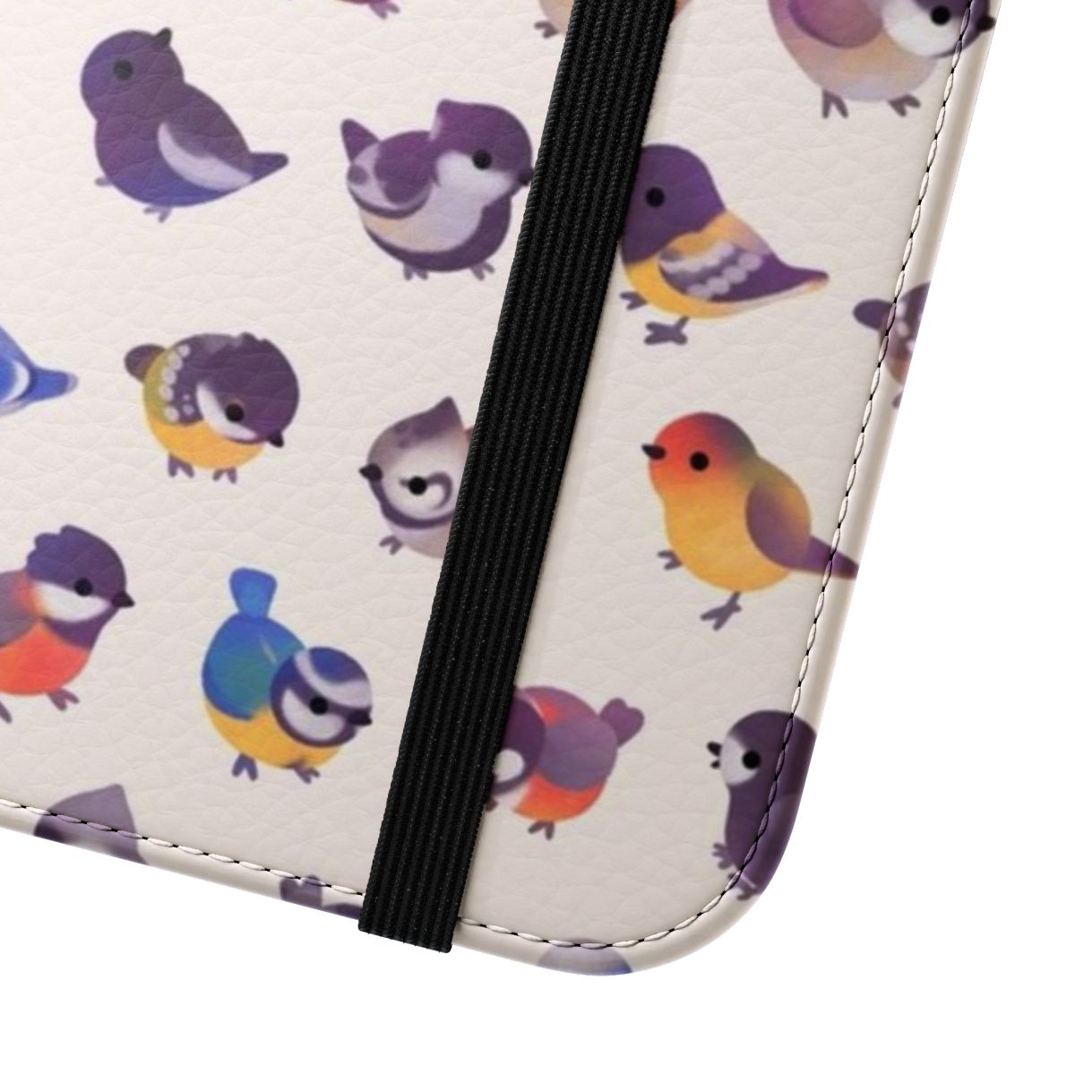 A flip cover phone case featuring a beautifully illustrated little bird (Paridae) design. - Close Up