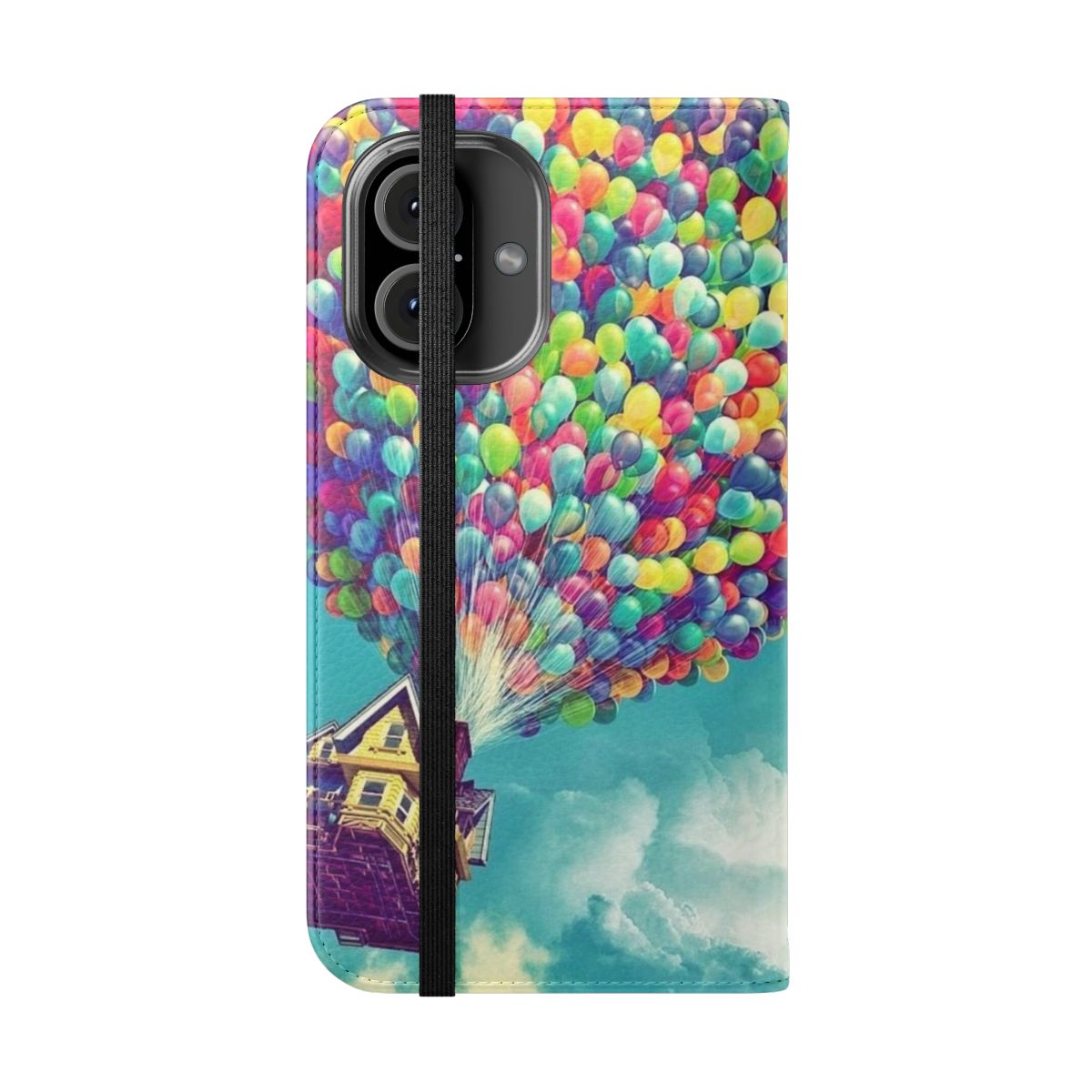 Whimsical flip phone case inspired by the Pixar film "Up", featuring a colorful house floating with balloons. - Folded Front