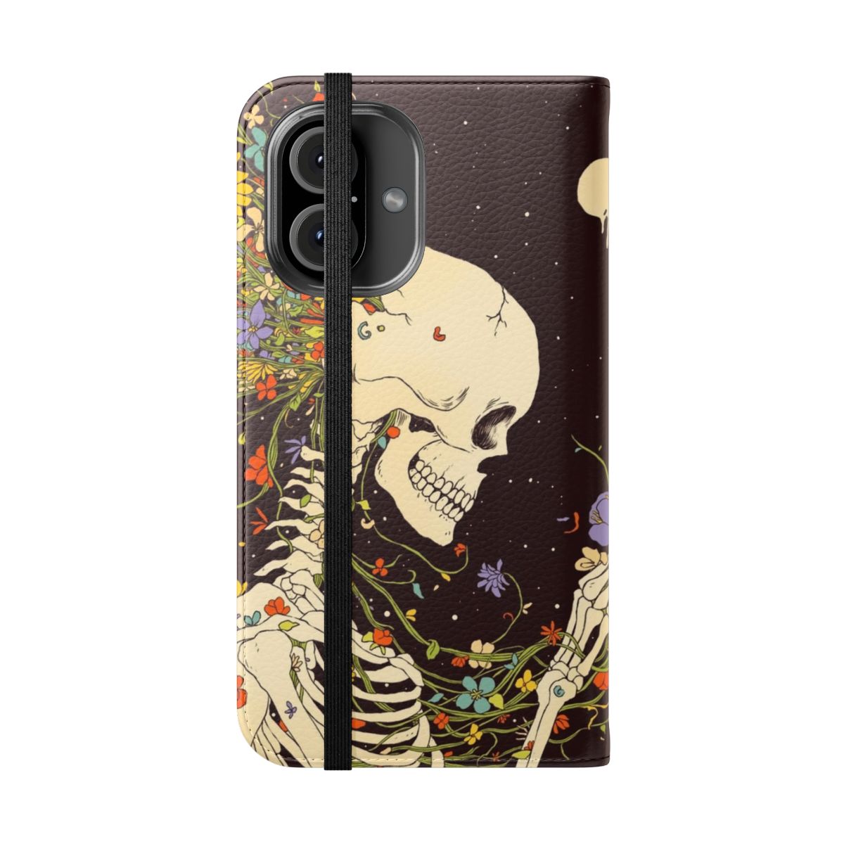 Flip cover phone case with surreal imagery of skulls, flowers, and the cosmos. - Folded Front