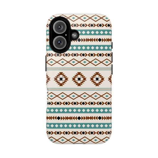 Mixed pattern teal, terracotta, black, and cream phone case with a bohemian, tribal design