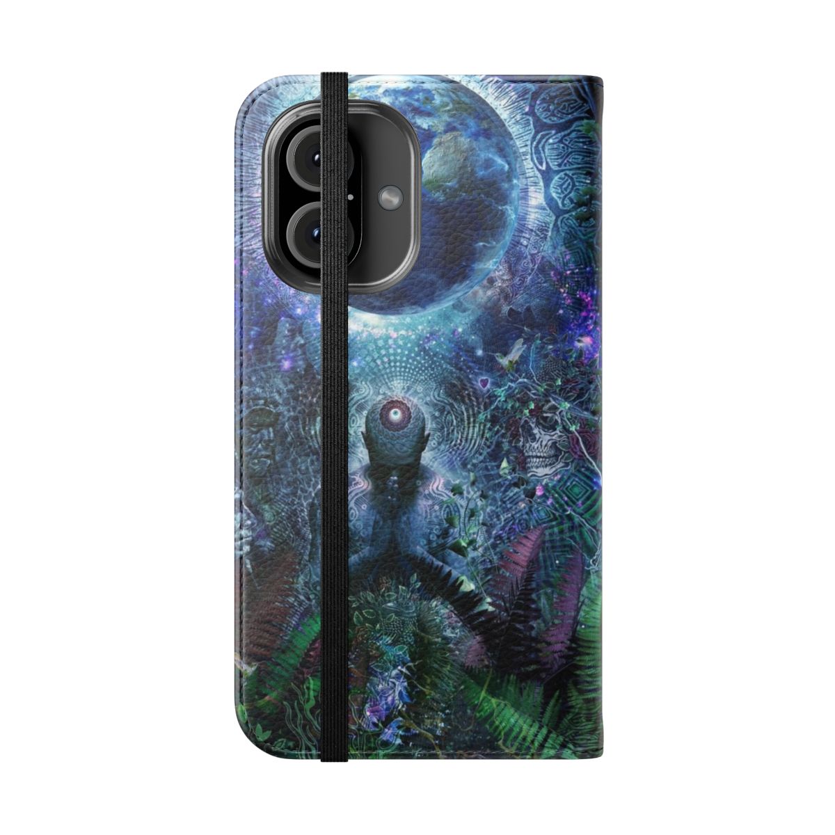 Artistic flip cover phone case featuring a surreal, visionary design of the earth and sky. - Folded Front