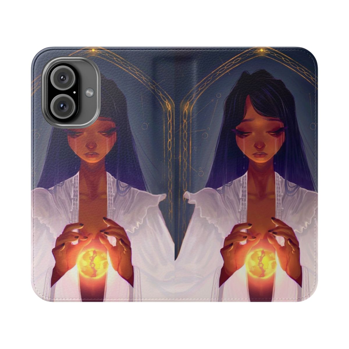 A phone case featuring an original character against a backdrop of stars and planets