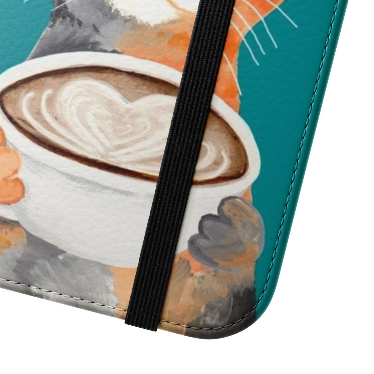 A whimsical flip phone case featuring a calico kitten painted in latte art style. - Close Up