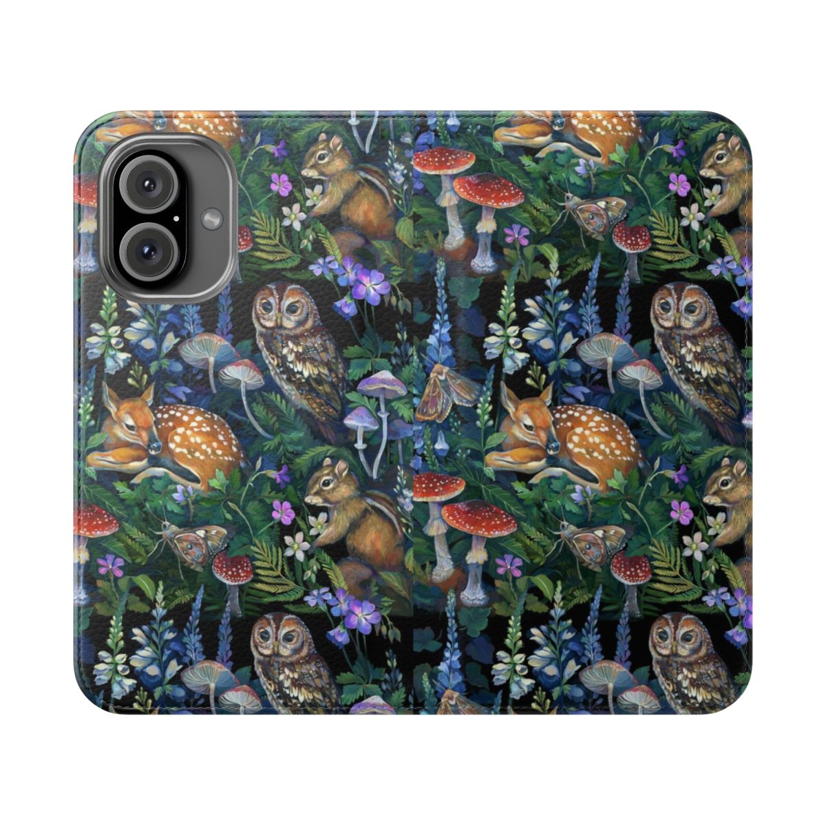 Enchanted forest-inspired flip cover phone case with deer, flowers, and foliage