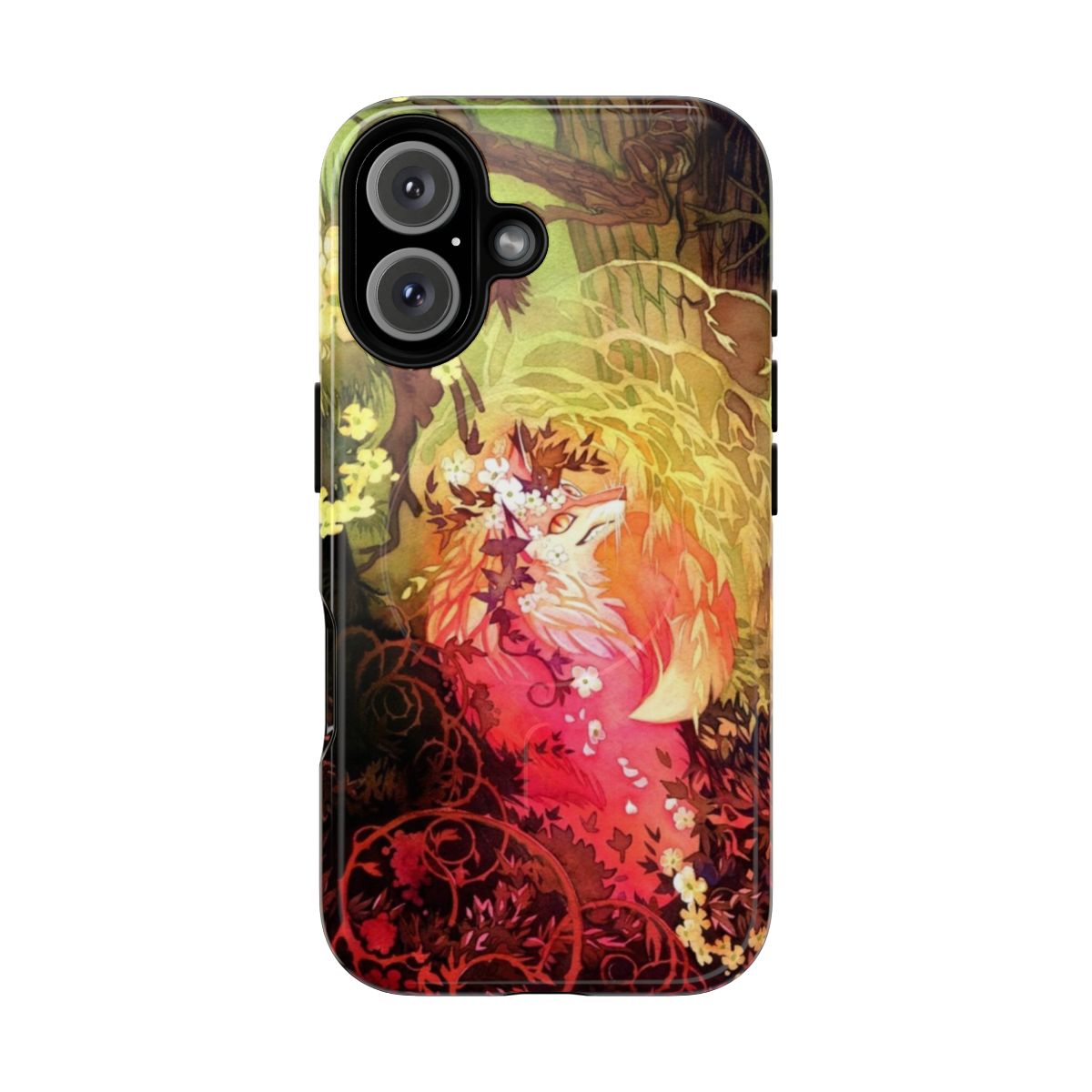 Artistic watercolor illustration of a fox in a floral forest setting on a phone case