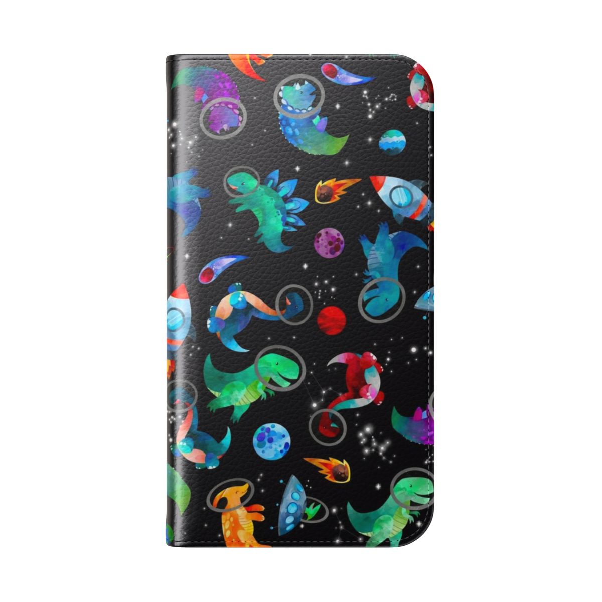 Vibrant watercolor dinosaur and galaxy pattern on a flip cover phone case - Folded Back