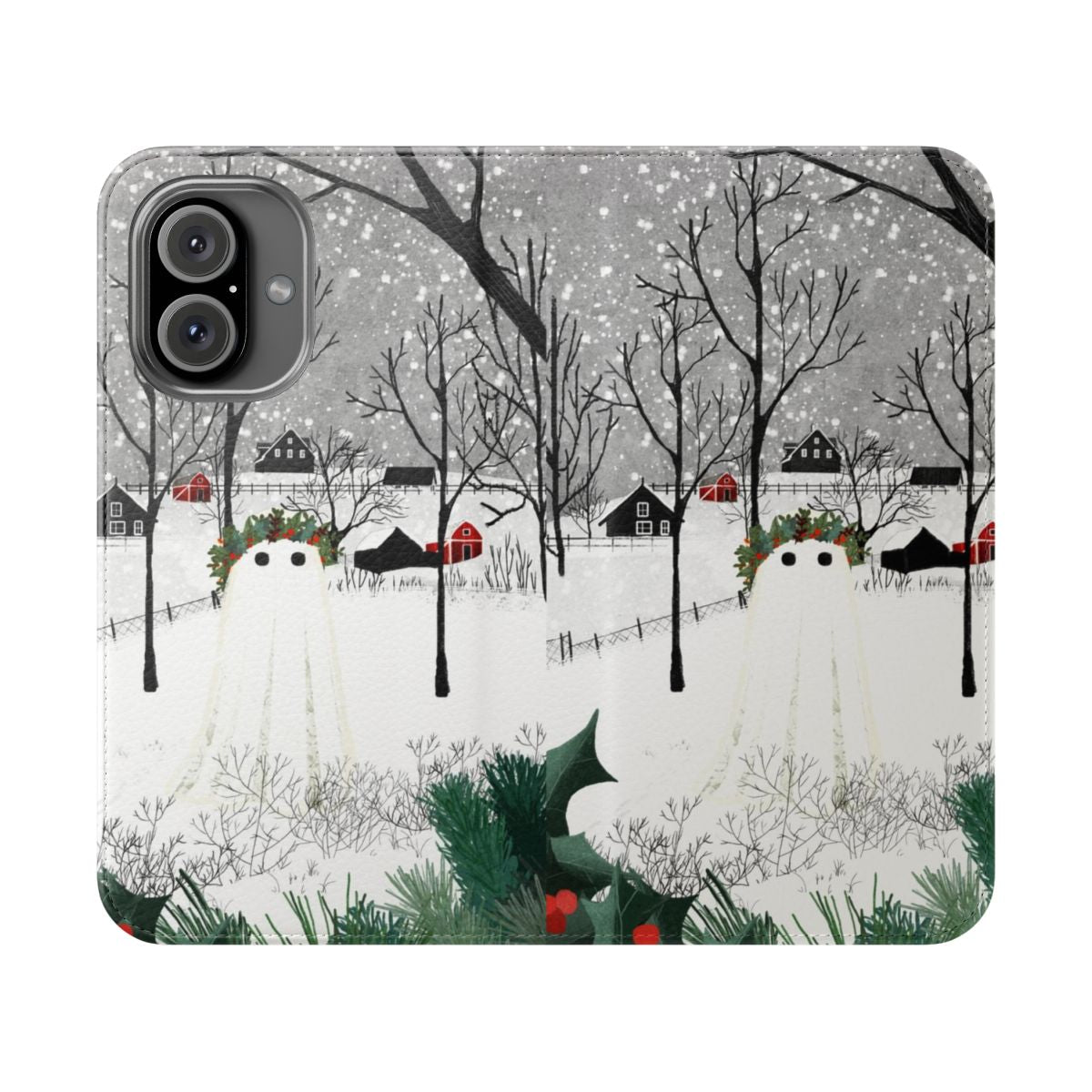 A flip cover phone case featuring a winter landscape with holly, pine, and ghostly elements.