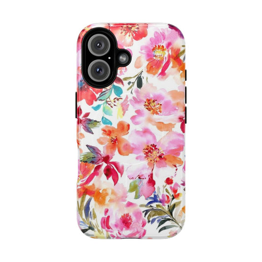 Vibrant floral phone case featuring a watercolor-style design of peonies, poppies, and other botanicals